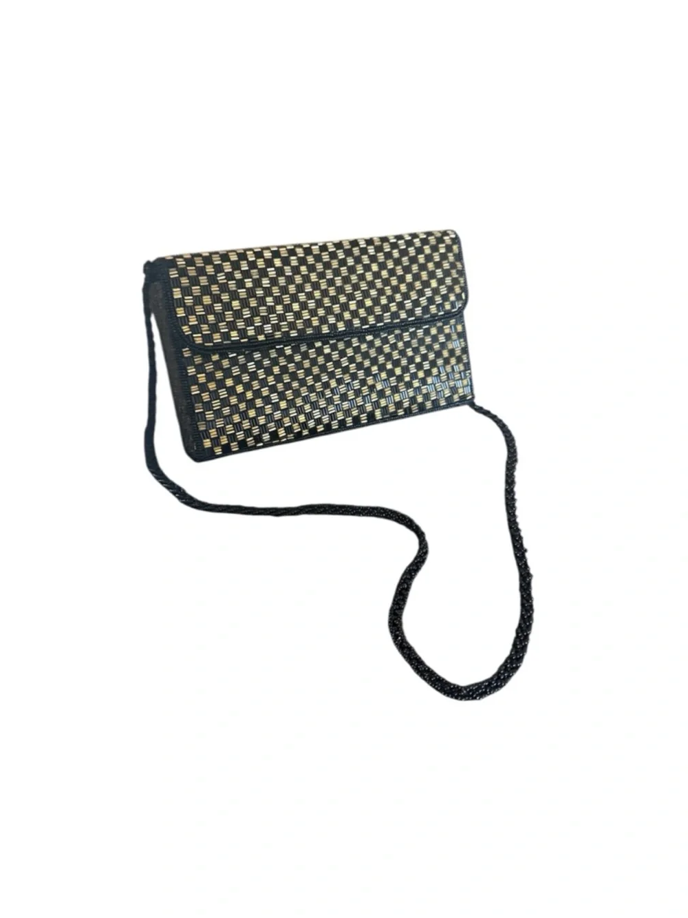 Vintage Beaded Checkerboard Clutch Crossbody Bag Gold Black Art Deco